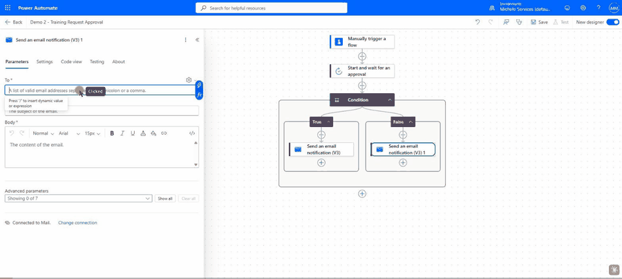 Demo 2: Training request approval flow being built in Power Automate