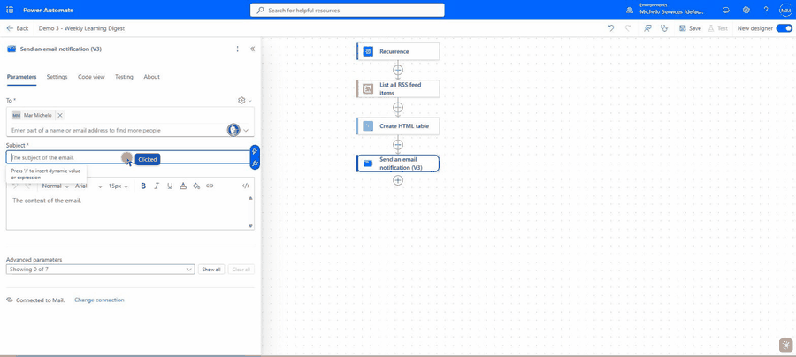 Demo 3: Weekly learning digest flow being built in Power Automate